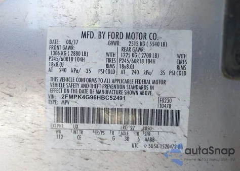 2017 Ford Edge Se z USA, uszkodzony, nr VIN 2FMPK4G96HBC52491